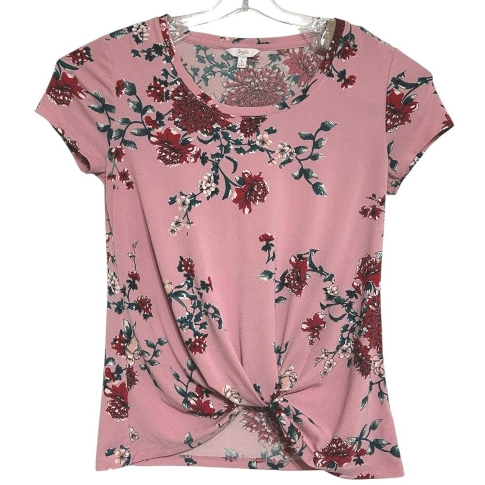 Candie's Twist Front Top Junior Pink Red Floral Short Sleeve Knit Cottagecore  M